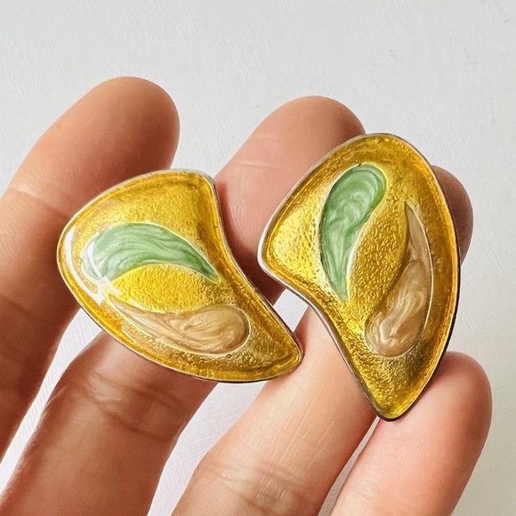 Vintage Handcrafted Post-Impressionism Enamel Painting Large Pierce Earrings - Picture 5 of 6